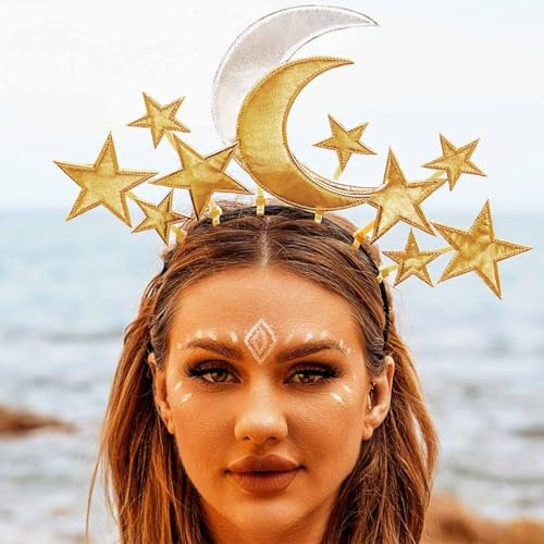 Reaky Stern Stirnband Gold Mond Haarband Sterne Kopfschmuck Göttin Heiligenschein Stirnbänder Karneval Haarschmuck für Frauen