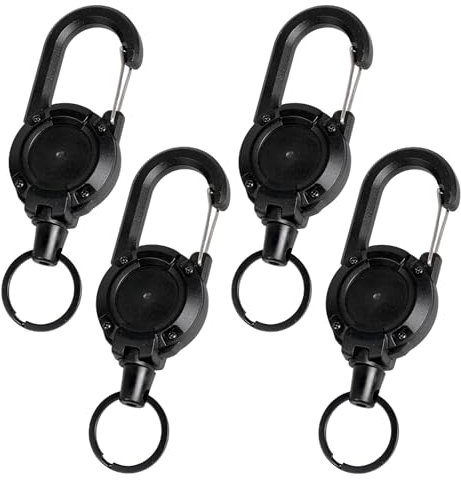 OWLMATE 4 Stücke Schlüsselanhänger Ausziehbar Stahlseil, Einziehbarer Schlüsselanhänger, Schlüsselband Ausziehbar mit 60cm Stahldrahtseil, Ausweishalter Ausziehbar mit Karabiner (Schwarz)