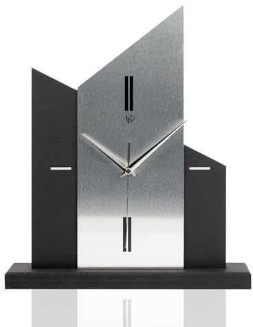 Kreative Feder Standuhr „Silver Church“ aus Holz – Schwarze Tisch-Uhr ohne Ticken; Größe ca. 34,5x30x5cm (Applikation Alu Silber, leises Funkuhrwerk)