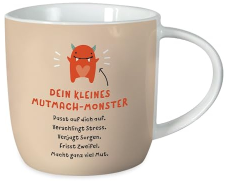 Grafik-Werkstatt Kaffeetasse mit Spruch 300 ml Porzellan Tasse Mutmach-Monster, Weiß