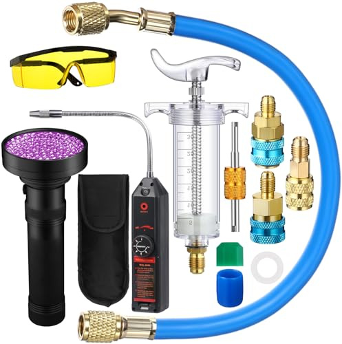 Tellegloww AC Leak Detector Kit R1234yf R134a R410a Hand Push Compressor 1oz/30ml AC Oil UV Dye Injector Kit Refrigerant Leak Detector Tool Low Side Quick Coupler Mini Split Adapter Glasses Flashlight