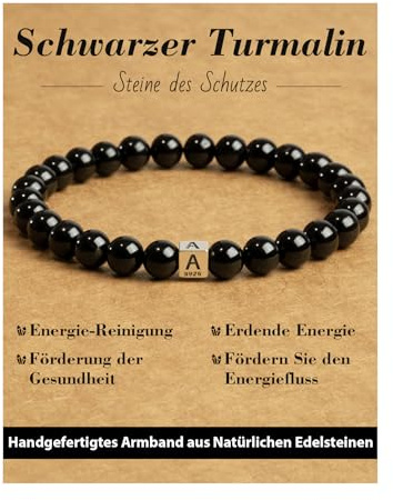 Landorilo Naturstein Schwarzer Turmalin Armband,925 Sterling Silber,A-Z | 6mm Perlen, Damen Herren Buchstaben Armbänder, Heilstein Edelstein Perlenarmband, Personalisierte Geschenke, Energiekarte