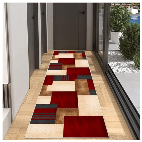 BORKOY Läufer Teppich Flur Weinrot Beige 50x200cm Modern rutschfest Küchenteppich Waschbar Meterware Korridor Teppichläufer Lang für Schlafzimmer Wohnzimmer,Anpassbare Länge 40-120cm Breite