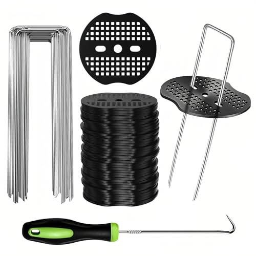 Kit de Sardines de Fixation avec 45 U-Piquets de Terre, 45 Rondelles et 1 Extracteur | pour Tente Camping, Toile de Paillage, Bâche de Jardin, Geotextile, Gazon Artificiel | Agrafe de Ancrage Grillage