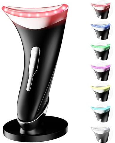 Dopsikn Masajeador facial de terapia de luz de 7 colores con vibración ajustable y térmicas para arrugas, doble barbilla, herramienta de cuidado de la piel con luz roja con base, color negro
