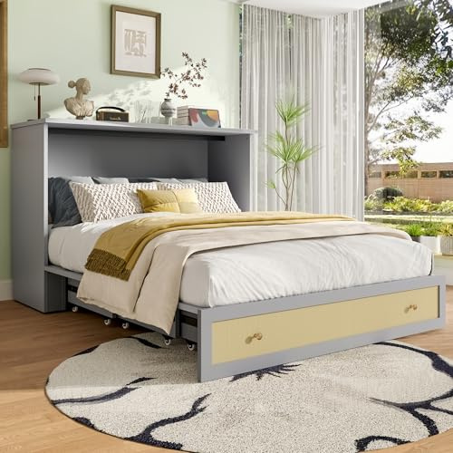 YuQozii Schrankbett, 140 x 200, Mobiles Schrankbett mit Schubladen am Bettende und Regal am Kopfende des Bettes, mit USB und Steckdose, Umbaubares Plattformbett, Ohne Matratze (Grau)