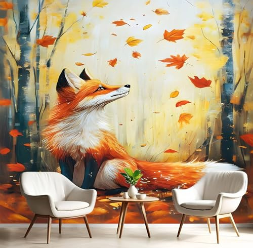 GSAEIMCT 3D Mural Wallpaper Red Yellow Woods Fox Silk Cloth Photo Wall Art Cartoon Animals for Corridor Nursery Bedroom and Living Children's Room Wall Decoration Poster,400X280Cm