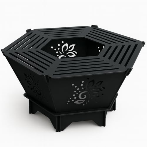 Feuerstelle Garten sechseckig aus Stahl - klappbare Feuerschale, Feuerkorb Outdoor Terrassenofen, lackiert oder unlackiert, mit oder ohne Grillrost (Lackiert mit Grillrost Blume)