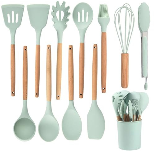 Kitchen Utensil Set, 12 PCS Silicone Cooking Utensils Set with Wooden Handle, Nonstick Cookware Tongs Spatula Spoon Set, Heat Resistant, Dishwasher Safe, Best Kitchen Tools (Green)