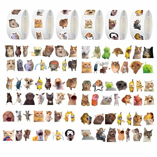 500 Cat Emoji Sticker Roll, Waterproof Vinyl Cute Designs, Fun Feline Set for Laptops, Scrapbooks, Journals, Suitcases, Phone Cases, Water Bottles (6 Rolls Total, 500 Stickers Per Roll)