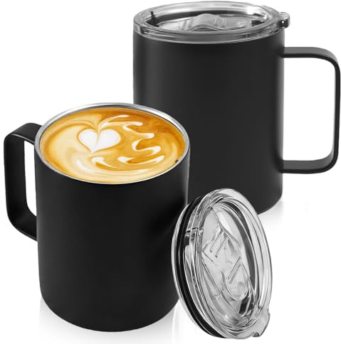 GOMETY 2 stycken kaffekoppar i rostfritt stål, 350 ml drickkoppar i rostfritt stål med handtag, dubbelväggiga isoleringskoppar med dubbla väggar, dryckeskoppar i rostfritt stål, Longlife Cup för resor