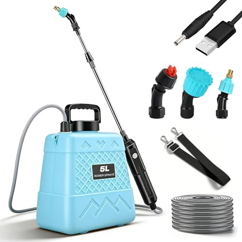 Pulverizador a presión de 5 litros, pulverizador eléctrico para plantas con 3 boquillas de niebla, pulverizador de jardín, pulverizador eléctrico a presión, pulverizador telescópico, correa de hombro