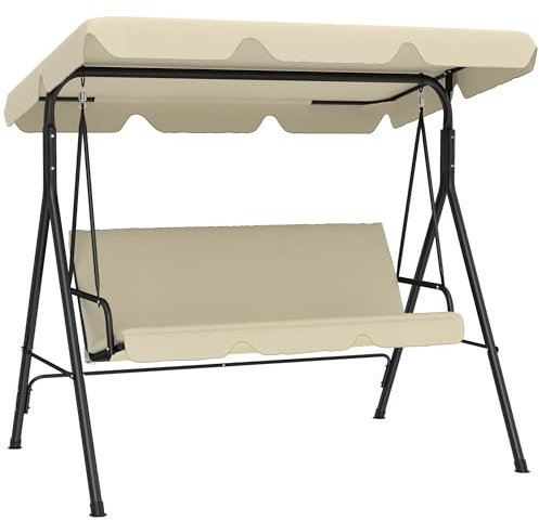 Outsunny Columpio de Jardín Exterior de 3 Plazas, Balancín de Jardín Exterior con Techo Ajustable, Cojín y Marco de Acero, para Balcón, Terraza, Patio, Carga 240 kg, 172x118x153 cm, Beige