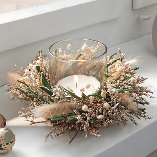 Dekoleidenschaft Windlicht Trockenblumen Kleiner Dekokranz Ø 18 cm, Tischkranz mit Glas-Windlicht, Rattan-Kranz mit Gräsern
