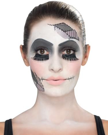 Smiffys Damaged Doll Make up Set, Aqua,Schwarz, Klebetattoos, Schminke, Wimpern, Schwamm & Bürste Halloween