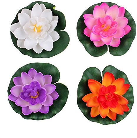Set Of 4 Different Color Artificial Floating Foam Lotus Flower Water Lily for Home Garden Pond Decor,Small