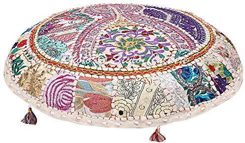 Stylo Culture Indisk rund golvkuddar för barn prydnadskudde överdrag vit 100 x 100 cm vintage lappverk boho extra stor 100 cm lounge bomull broderad stol sitsöverdrag