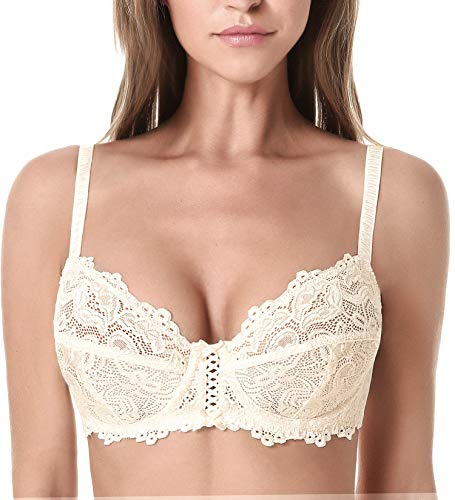 WingsLove Women's Floral Lace Bra Underwire Non Padded Soft Cup Full Coverage Nude 42DDD