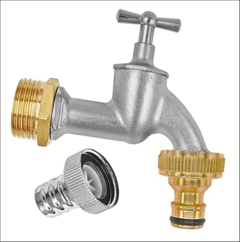 MegaHaustechnik Auslaufventil mit Knebelgriff, Messing matt verchromt, Wandanschluß 1/2 Zoll AG, Abgang Kunststoff-Tülle Außendurchmesser 14mm für 1/2“ Schlauch, Absperrhahn Wasserkran silber
