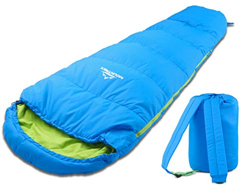 MOUNTREX Kinderschlafsack 5°C / 15°C – 100 % Baumwolle Innenfutter – Schlafsack für Kinder 175×70 cm – Leicht & Kompakt, Tragbar wie EIN Rucksack – Ideal für Camping, Kindergarten & Übernachtungen