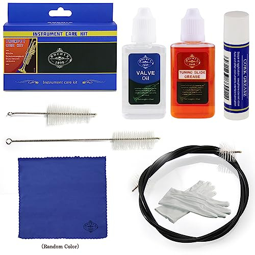 Trumpet/Cornet Cleaner Care Cleaning Kit,Maintenance Kit,Valve Oil,Tuning Slide Grease,Flexible Brush,Valve Brush,Mouthpiece Brush,Cork Grease,Cleaning Cloth and More(Random Color Cloths)