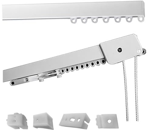 Binario Tenda Soffitto Lineare in Alluminio Bianco Personalizzabile, Completo di Accessori per il Fissaggio, Movimento a Corda, Bastone Tende a Soffitto o Parete Scorrevole (150CM MOVIMENTO A CORDA)