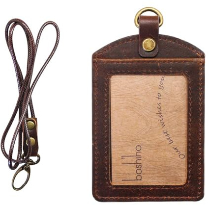 Badge Holder: Boshiho Cowhide Leather ID Badge Card Holder with 19 Neck Lanyard, Vertical Style (Dark Brown)