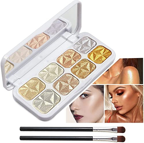 8 Farben Diamond Glitter Highlighter Powder Palette, Shimmer Body Makeup Highlighter Palette Gesichtskontur Bronzer Illuminator Palette mit 2 Make-up Pinsel