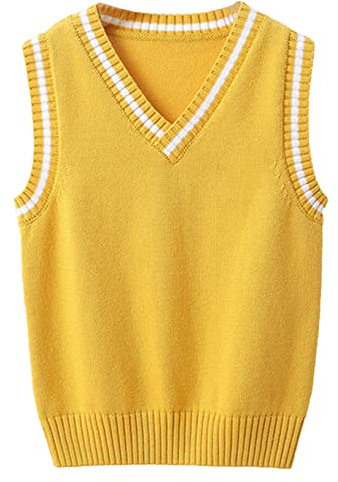 Freebily Chaleco de Punto 100% Algodón para Unisex Niños Suéter sin Manga de Color Sólido con Cuello en V Chaleco de Uniformes Escolares B Amarillo 11-12 años