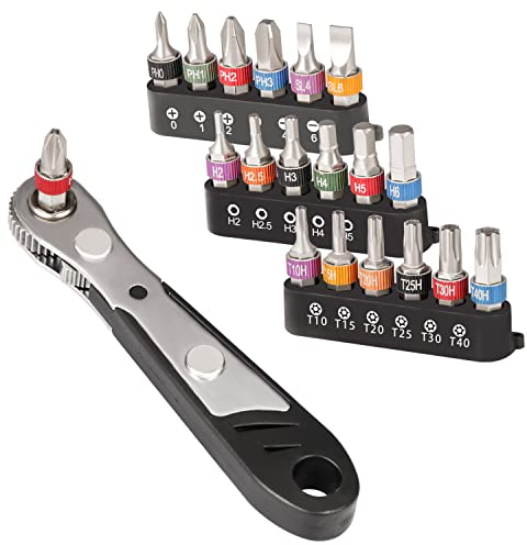 CYLBAQ Ratschenschlüssel Magnetisch Torx Bit Set, 110mm 1/4 Zoll Ratschen Wendeschrauber, 19 Stück Mini Knarre für Bits, Mini Ratschen Schraubenschlüssel für Gadgets, Autos, Häuser, Maschinen