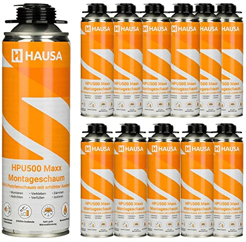 HAUSA Montageschaum HPU500 Maxx 12x 500ml grau B2 Pistolenschaum zum Verfüllen, Dämmen & Abdichten, extrem hohe Ausbeute, ausgezeichnete Dämm- & Isoliereigenschaften, Bauschaum für Schaumpistolen