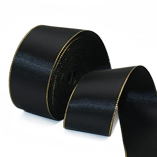 David accessories Schwarzes Satinband mit goldenen Kanten, 3,8 cm breit, 20 m, goldene Bordüre, Stoffbänder für Geschenkverpackungen, DIY, Basteln, Weihnachtsdekoration, Kranz, Schleifen, Einladungen (schwarz)