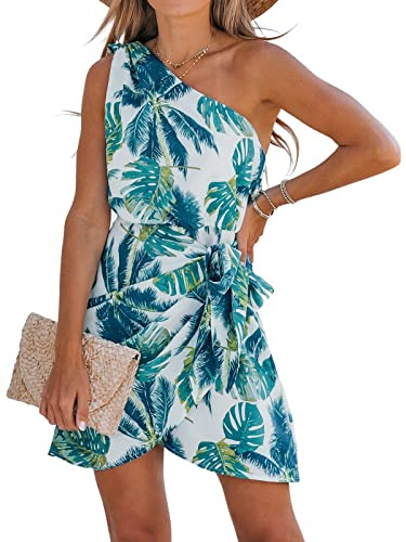 CUPSHE Women's Summer Dresses One Shoulder Leaf Self-tie Short Sleeveless Casual Tiered Hem Formal Mini Dress Green, L