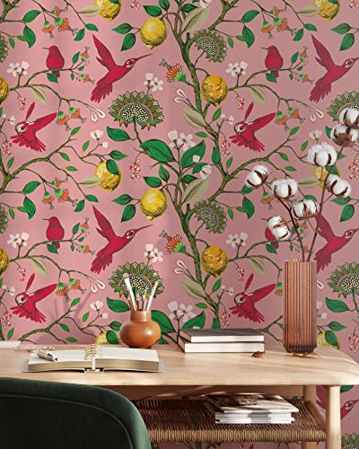 Coloritto Pink Hummingbird and Lemon Tree Wallpaper | Removable Self Adhesive Birds Mural | Botanical Peel and Stick Wallpaper (Sample 12 W x 8 H)