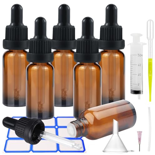 Impoditiongs 6 stycken 30 ml pipettflaskor, pipettflaskor med glas pipettglas flaskor Pharmacist Bottles, inklusive små glasflaskor, droppspruta, för dofter, vätska (brun, 30 ml)