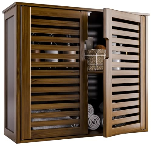 HITNET Wandschrank, Bambus Medizinschrank Hängend, Badezimmer Hängeschrank mit 2 Türen und verstellbaren Regalen über der Toilette, Badschrank Wandmontage, Walnuss