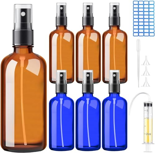 DONQL 100ml Empty Glass Spray Bottles for Essential Oils, 6 PCS Small Fine Mist Spray Bottles, Atomiser Spray Bottle 100ml with 20ml syringe 3 funnels 1 pipette (Blue＆Amber)
