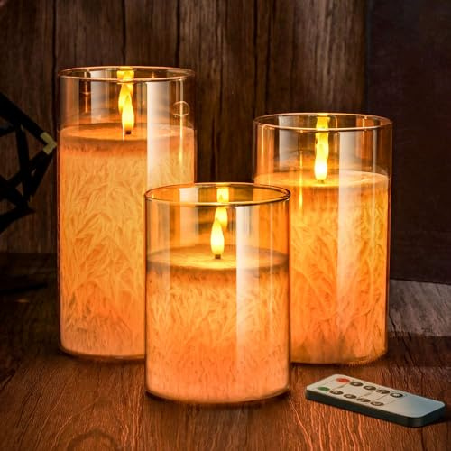 MOZC Lot de 3 Bougies LED à Flamme Vacillante - avec Fonction Minuterie dans Le Verre - Bougies Électriques en Cire Vraie avec Télécommande（OR