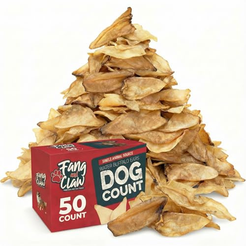 Fang and Claw Ears for Dogs, 50 Count Water Buffalo Ears Bulk Pack - Single-Ingredient Long-Lasting Natural Dog Chews, Rawhide-Free, Grain-Free, Grass-Fed Treat for Aggressive Chewers Large Breed