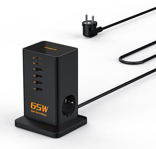 TESSAN PD 65W USB C-laddare Multipel, GaN snabbladdare med 6 portar och 2 AC-kontakter, USB-laddningsstation multipel med 2M kabel för telefon och pad, adapter för skrivbord, laddningsstation