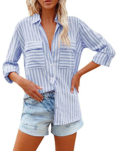 Blusa elegante para mujer Camisas con botones a rayas para mujer Casual manga larga elegante Blusas con cuello en V y bolsillos Blusa Mujer Manga Corta Verano, azul claro, L
