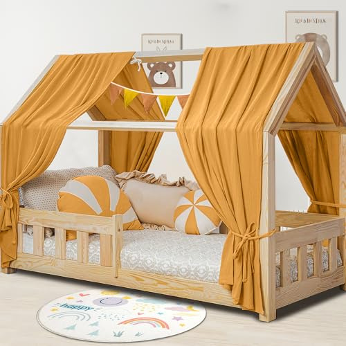 Hook Hausbett Himmel Deko Set, Betthimmel Hausbett aus Musselin - 2 Betthimmel & 1 Wimpelkette, für Jungen Mädchen Deko für Kinderzimmer, Baldachin Kinderzimmer Deko I 135 x 320cm Senfgelb