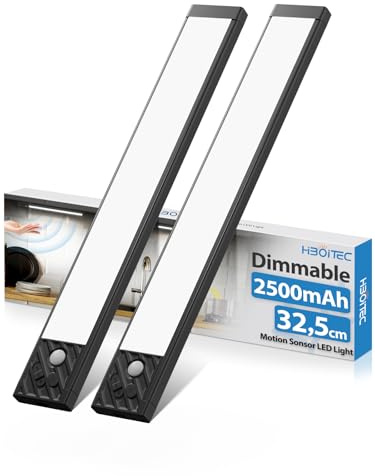 HIBOITEC Schrankbeleuchtung LED mit Bewegungsmelder 32,5cm 2500mAh, Dimmbar Unterbauleuchte Küche, USB Wiederaufladbar Schrankbeleuchtung Batterie für Kleiderschrank, Treppe, Weißes Licht, 70LED