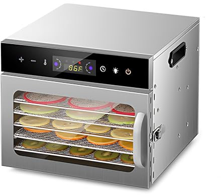 HUIOP Deshidratador de comida,Deshidratadores para alimentos y carnes secas con temporizador 24 horas y luz, 6 rejillas de secado 400 W 30-90 ℃ Deshidratador de frutas y verduras con control