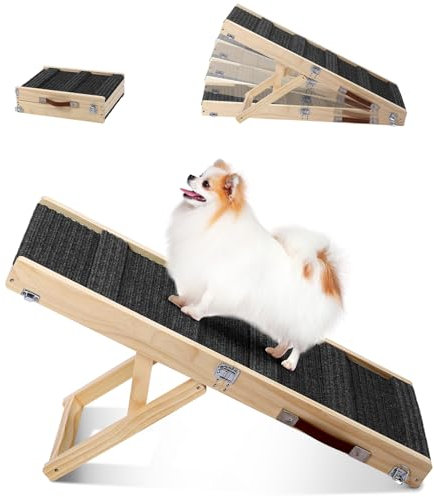 Klappbare Holz-Hundrampe für Bett, Sofa und Auto – Verstellbare Haustierrampe für kleine Hunde, Höhe 25-52 cm, Länge 83 cm, Breite 35cm, rutschfeste Oberfläche, tragbare klappbare Hunderampe
