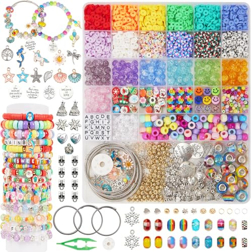 OCARDI Perlen für Armband Bastelset,Pony-perlen&Clay-Perlen&Glas-Rocailles mit Einhorn&Meerjung Frau-Anhänger als Geburtstags- und Weihnachtsgeschenke für 5 6 7 8 9 10 11 12 Jährige Mädchen Kinder