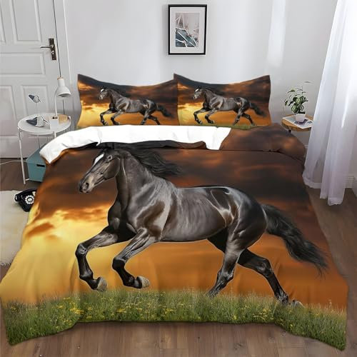 Grastier Schwarzes Pferd Bettbezug Set 155x220 cm für Kinder Mehrfarbig Bettwäsche Jungen Mädchen Weich Atmungsaktiv Microfaser Betten Set mit Reißverschluss