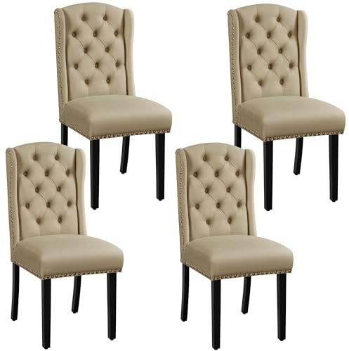 Yaheetech Upholstered Fabric Modern Dining Chairs Set of 4 Button Tufted Kitchen Chairs with Wooden Legs for Dining Room/Apartment, Khaki