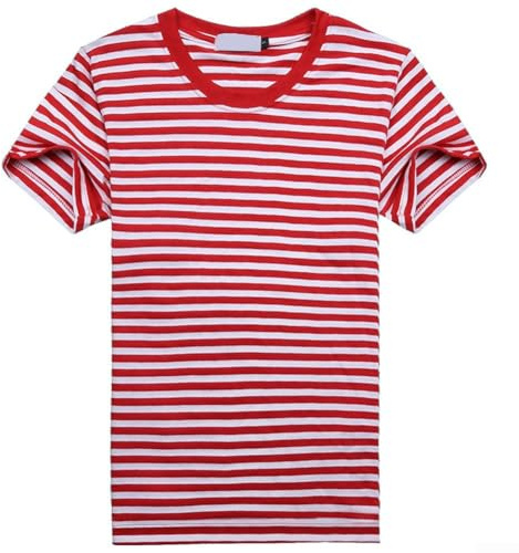 Camiseta de manga corta para hombre, color azul marino, blanco, a rayas, casual, cuello redondo, de algodón, para verano (S, rojo)