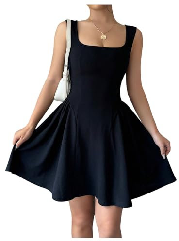 GORGLITTER Black Dress for Women A Line Sleeveless Swing Flared Square Neck Dress Ruffle Mini Tank Sundress, Black, XXL